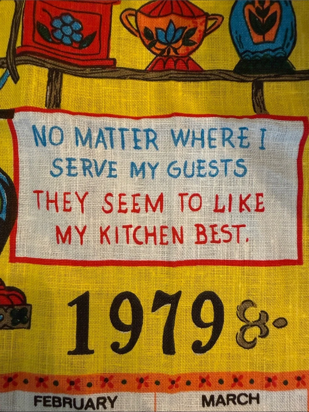 New Vintage-Style Yellow Kitchen Linen Calendar Tea Towel - 1979 16x28”